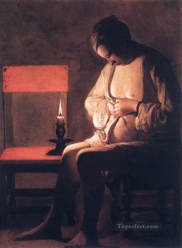 ジョルジュ・ド・ラ・トゥール Painting - ノミを捕まえる女性 ろうそくの明かり ジョルジュ・ド・ラ・トゥール
